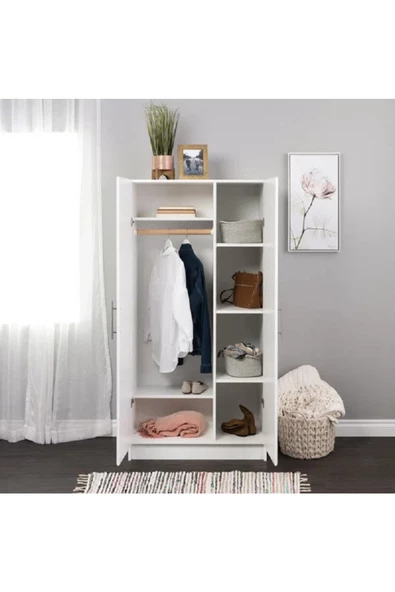aden home senin evin senin dünyan 2 Kapaklı 6 Raflı Gardırop, Beyaz Gardırop, %100 Mdf Gardırop, Elbise Dolabı - 6
