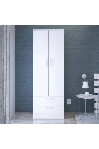 aden home senin evin senin dünyan 2 Kapaklı 2 Çekmeceli Gardırop, MDF Beyaz Gardırop, Elbise Dolabı, Çok Amaçlı Dolap - 2