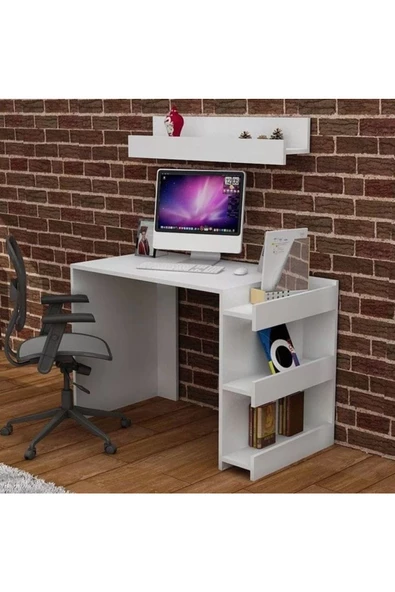 aden home senin evin senin dünyan %100 MDF Çalışma Masası, Bilgisayar Masası, Kitaplıklı Çalışma Masası, Beyaz Ders Çalışma Masası