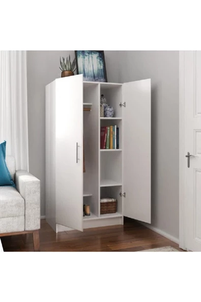 aden home senin evin senin dünyan 2 Kapaklı 6 Raflı Gardırop, Beyaz Gardırop, %100 Mdf Gardırop, Elbise Dolabı - 3