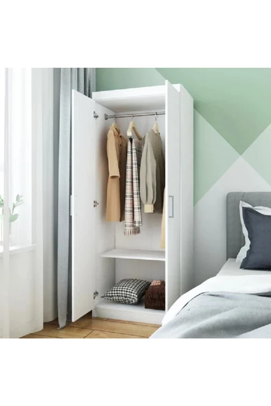 aden home senin evin senin dünyan 2 Kapaklı Beyaz Gardırop, %100 Mdf Gardırop, Elbise Dolabı - 2