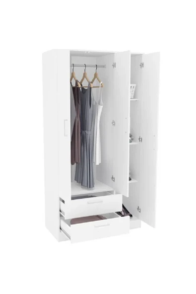 aden home senin evin senin dünyan 3 Kapaklı 2 Çekmeceli Gardırop, MDF Beyaz Gardırop, Elbise Dolabı, Çok Amaçlı Dolap - 4
