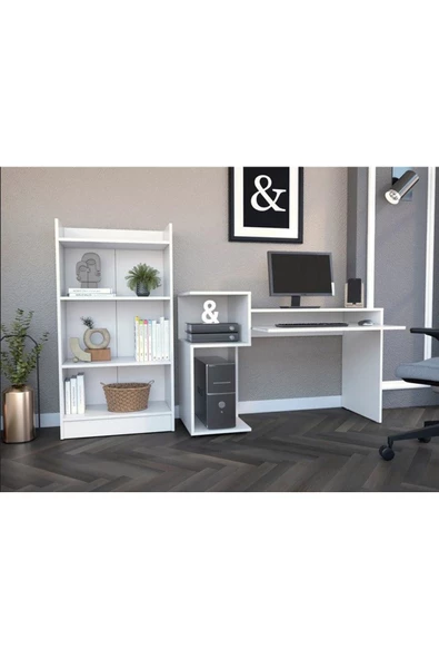 aden home senin evin senin dünyan %100 MDF Çalışma Masası, Bilgisayar Masası, Kitaplıklı Çalışma Masası, Beyaz Ders Çalışma Masası