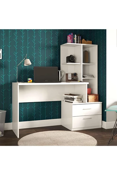 aden home senin evin senin dünyan Çekmeceli Kitaplıklı Çalışma Masası, Beyaz MDF Çalışma Masası, Bilgisayar Masası