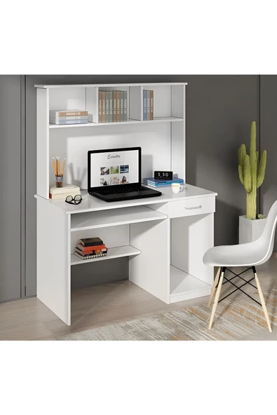 aden home senin evin senin dünyan Kitaplıklı Çalışma Masası, Bilgisayar Masası, %100 Beyaz MDF, Ofis Çalışma Masası, CM113x