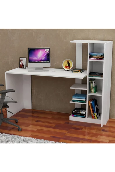 aden home senin evin senin dünyan Kitaplıklı Çalışma Masası, Beyaz MDF Çalışma Masası, Bilgisayar Masası - 2