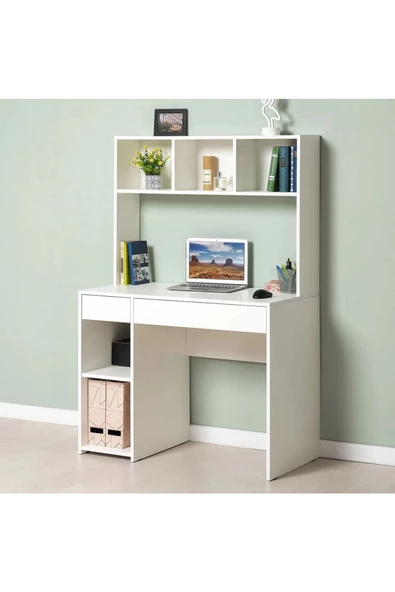 aden home senin evin senin dünyan %100 MDF Çalışma Masası, Bilgisayar Masası, Kitaplıklı Çalışma Masası, Beyaz Ders Çalışma Masası