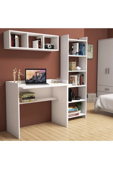 aden home senin evin senin dünyan Beyaz Kitaplıklı Çalışma Masası, %100 Mdf Çalışma Masası, Ders Çalışma Masası, Genç Odası