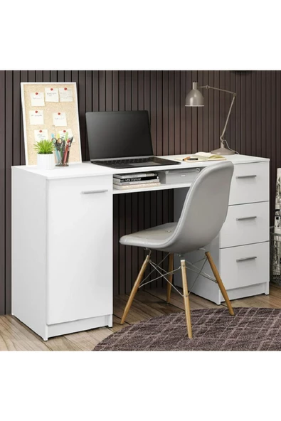 aden home senin evin senin dünyan Çekmeceli Kitaplıklı Çalışma Masası, Bilgisayar Masası, %100 Beyaz Mdf, Ofis Çalışma Masası