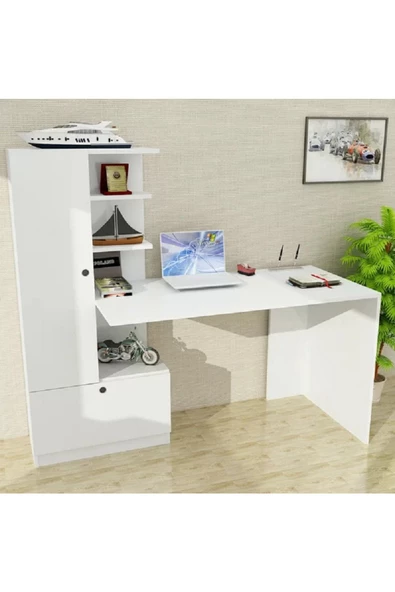 aden home senin evin senin dünyan Mira B Kitaplıklı Dekoratif Beyaz Çalışma Masası, Genç Odası, %100 MDF, CM30B