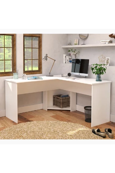 aden home senin evin senin dünyan Beyaz Çalışma Masası, Ofis Çalışma Masası, Kitaplıklı Çalışma Masası, 140x140cm - CM73 - 2