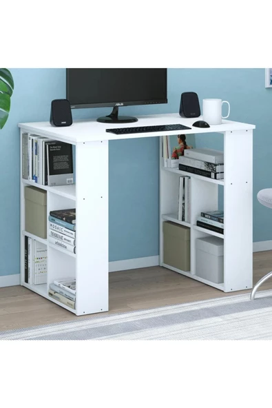 aden home senin evin senin dünyan Kitaplıklı Dekoratif Çalışma Masası, %100 Mdf Beyaz Çalışma Masası, Ders Çalışma Masası - Cm59 - 2