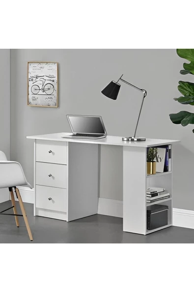 aden home senin evin senin dünyan Kitaplıklı Beyaz Çalışma Masası, %100 Mdf Çalışma Masası, Çekmeceli Masa, Genç Odası - 5