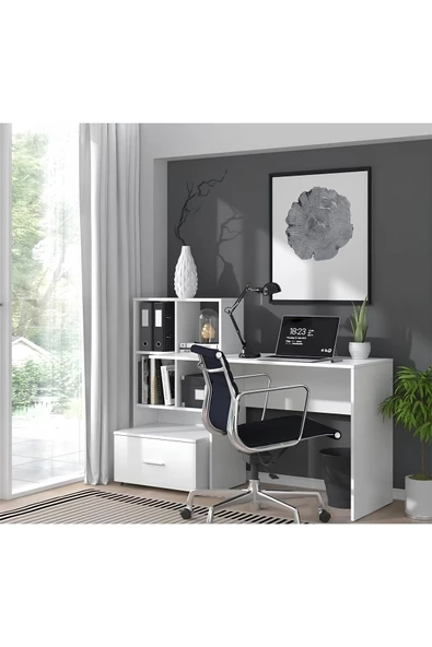 aden home senin evin senin dünyan Kitaplıklı Çalışma Masası, %100 MDF Beyaz Çekmeceli Çalışma Masası, Ofis Çalışma Masası, CM98
