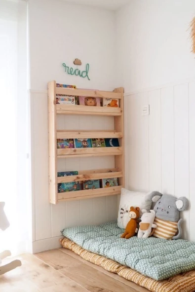 aden home senin evin senin dünyan Montessori Çocuk Odası Eğitici Kitaplık, 3 Raflı Duvara Monte Ahşap Kitaplık, 100x60cm