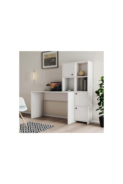 aden home senin evin senin dünyan Kitaplıklı Çalışma Masası, Bilgisayar Masası, Beyaz Ofis Çalışma Masası - %100 Mdf Çalışma Masası - 2