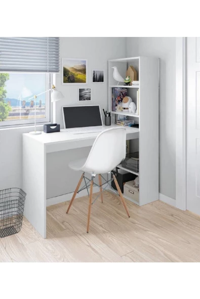 aden home senin evin senin dünyan Kitaplıklı Dekoratif Çalışma Masası, %100 Mdf Beyaz Çalışma Masası, Genç Odası - Cm48