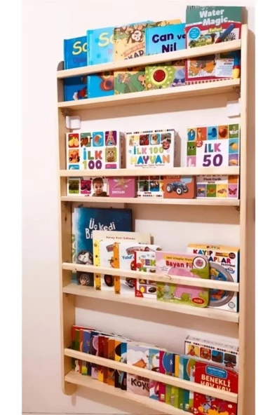 aden home senin evin senin dünyan Montessori 100×60cm Çocuk Odası Eğitici Kitaplık, Ahşap Duvara Monte 4 Raflı 100x60cm