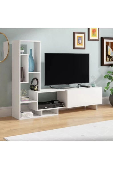 aden home senin evin senin dünyan Mordor Modern TV Ünitesi, Dolaplı TV Sehpası, Kitaplıklı Raflı TV Ünitesi, Beyaz, %100 MDF, TVU19