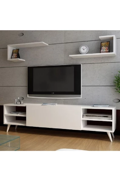 aden home senin evin senin dünyan Harvey Modern TV Ünitesi, Kitaplıklı Raflı TV Ünitesi, Beyaz Tasarım Ayaklı %100 MDF, TVU08