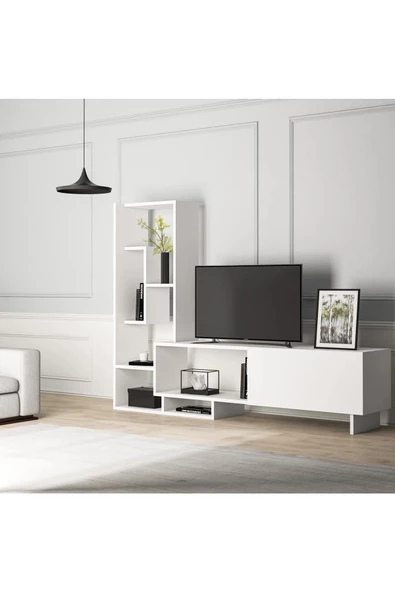 aden home senin evin senin dünyan Beyaz TV Ünitesi, MDF TV Ünitesi, Kitaplıklı TV Sehpa Ünitesi, Beyaz MDF TV Ünitesi Konsol, TVU73 - 2