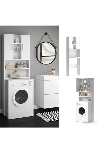 aden home senin evin senin dünyan Banyo Dolabı, Kapaklı Çamaşır ve Kurutma Makinesi Dolabı, %100 Beyaz MDF Banyo Dolabı - 2