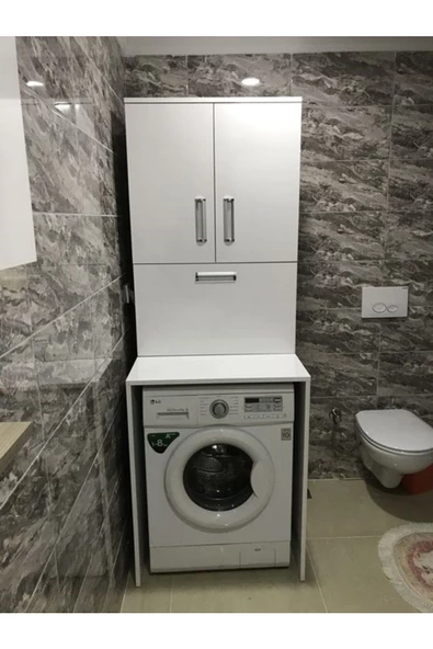 aden home senin evin senin dünyan Banyo Dolabı, Kapaklı Çamaşır ve Kurutma Makinesi Dolabı, %100 Beyaz MDF Banyo Dolabı