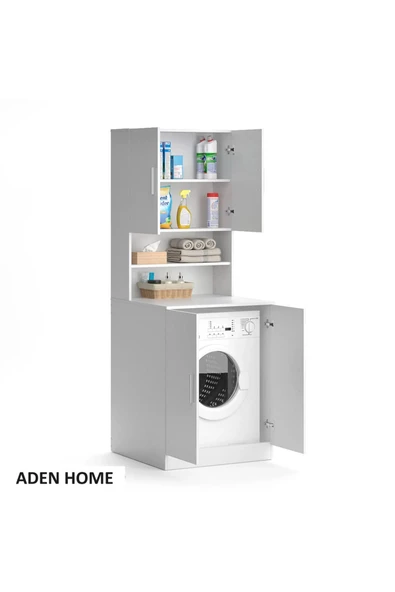 aden home senin evin senin dünyan Banyo Dolabı, Kapaklı Çamaşır Ve Kurutma Makinesi Dolabı, %100 Beyaz Mdf Banyo Dolabı Büyük Boy - 5