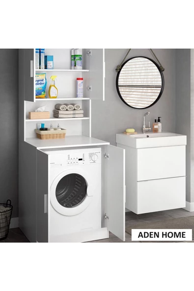 aden home senin evin senin dünyan Banyo Dolabı, Kapaklı Çamaşır Ve Kurutma Makinesi Dolabı, %100 Beyaz Mdf Banyo Dolabı Büyük Boy - 4