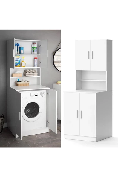 aden home senin evin senin dünyan Banyo Dolabı, Kapaklı Çamaşır Ve Kurutma Makinesi Dolabı, %100 Beyaz Mdf Banyo Dolabı Büyük Boy - 2