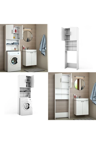 aden home senin evin senin dünyan Banyo Dolabı, Kapaklı Çamaşır ve Kurutma Makinesi Dolabı, %100 Beyaz MDF Banyo Dolabı - 6