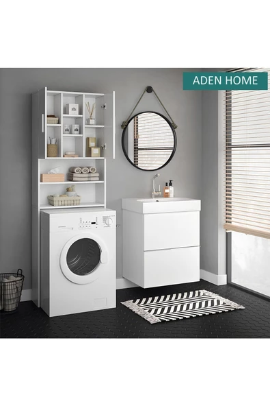 aden home senin evin senin dünyan Banyo Dolabı, Kapaklı Çamaşır ve Kurutma Makinesi Dolabı, %100 Beyaz MDF Banyo Dolabı