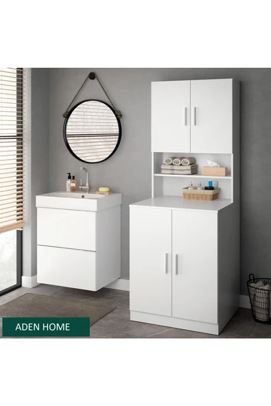 aden home senin evin senin dünyan Banyo Dolabı, Kapaklı Çamaşır Ve Kurutma Makinesi Dolabı, %100 Beyaz Mdf Banyo Dolabı Büyük Boy