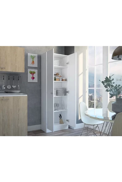 aden home senin evin senin dünyan Mutfak Dolabı, 2 Kapaklı 5 Raflı Çok Amaçlı Dolap, Erzak Kiler Dolabı, Beyaz MDF, MDLP11 - 2