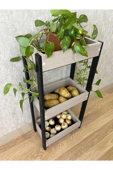 aden home senin evin senin dünyan Ahşap Sebzelik, Sebze Meyve Sepeti, 3 Katlı Sebzelik, Patates Soğanlık, Dekoratif Mutfak Rafı - 6