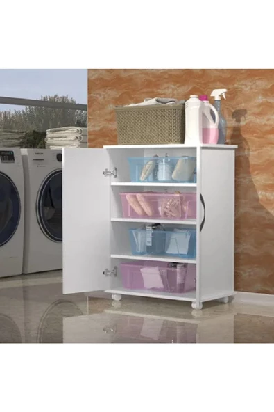 aden home senin evin senin dünyan Beyaz Banyo Dolabı, Banyo Düzenleyici, Tekerlekli Çok Amaçlı Dolap, Ayakkabılık, %100 MDF, MBNY14 - 4