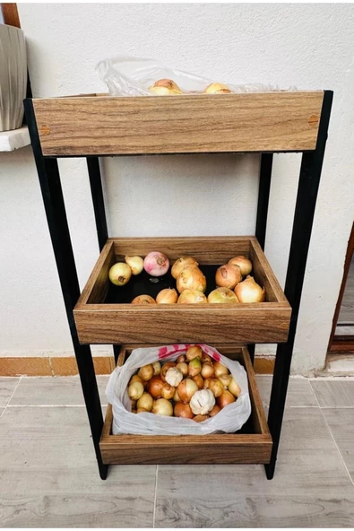 aden home senin evin senin dünyan Ahşap Sebzelik, Walnut Sebze Meyve Sepeti, 3 Rafl, Banyo-Mutfak Rafı - 6