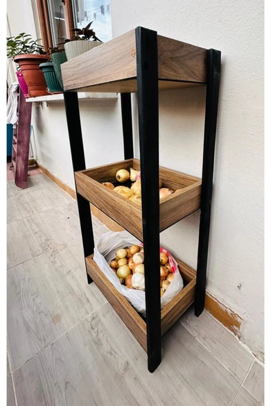 aden home senin evin senin dünyan Ahşap Sebzelik, Walnut Sebze Meyve Sepeti, 3 Rafl, Banyo-Mutfak Rafı - 2