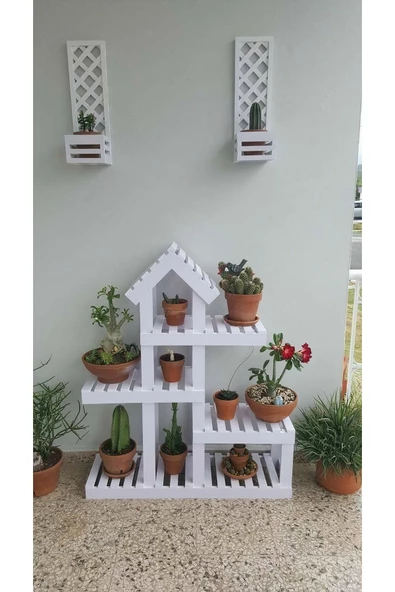 aden home senin evin senin dünyan Beyaz Ahşap Saksılık, Dekoratif Çiçeklik, Saksı Standı, 8 Bölmeli 90x70cm Saksılık Rafı, ASKS19