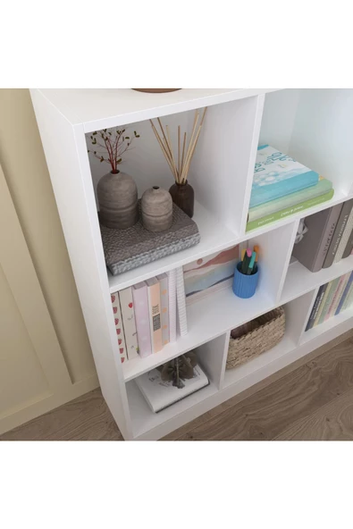aden home senin evin senin dünyan Beyaz Dekoratif Kitaplık, 8 Bölmeli Kitaplık, Çok Amaçlı Raf MDF Kitaplık, Mutfak Banyo Rafı - 4