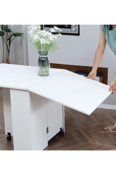 aden home senin evin senin dünyan %100 MDF Beyaz Mutfak Masası, Katlanır Mutfak Masası, Açılır Kapanır Yemek Masası, 140x80cm - 5