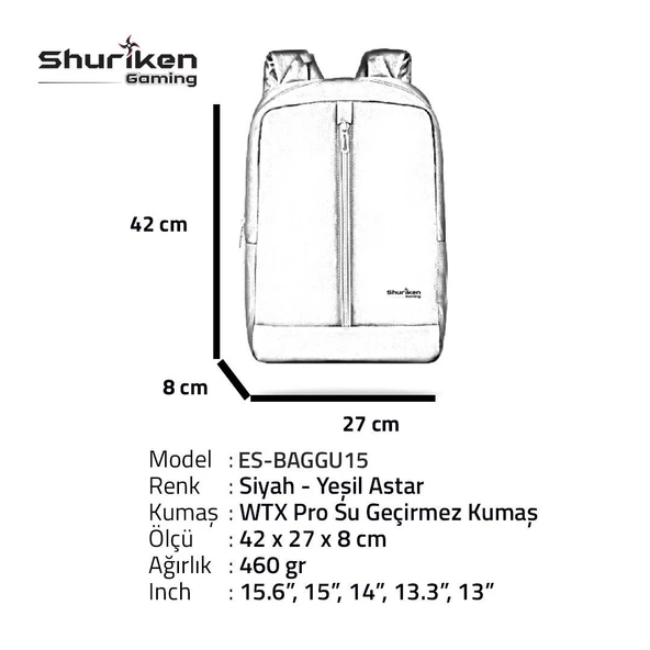 Shuriken ES-BAGGU15 15.6" Gaming ,Seyahat Laptop Sırt Çantası - 5
