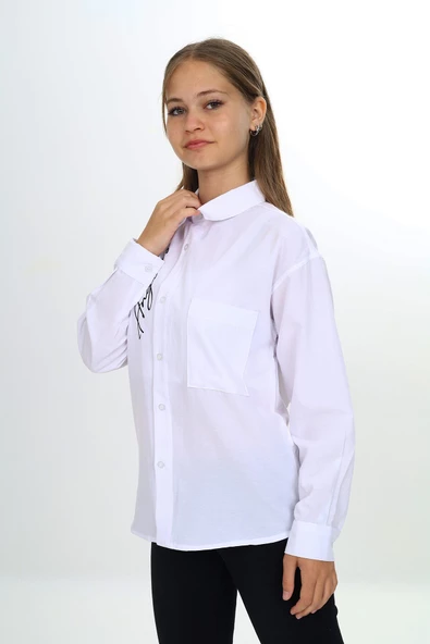 Kız Çocuk Tek Cepli Dikey Baskılı Gömlek 9-14 Yaş Lx269-2 - 4