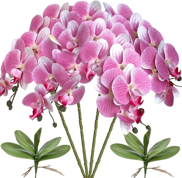 Nettenevime 4lü Set Yapay Çiçek Pembe Açık Islak Orkide ve 2 Adet Orkide Yaprağı Gerçeksi Doku Uzun Dal 90cm ürün görseli 1