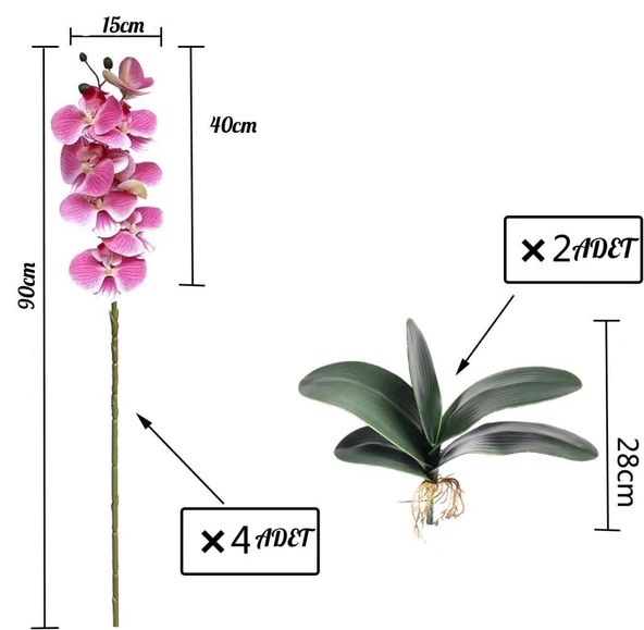 Nettenevime 4lü Set Yapay Çiçek Pembe Açık Islak Orkide ve 2 Adet Orkide Yaprağı Gerçeksi Doku Uzun Dal 90cm - Resim 2