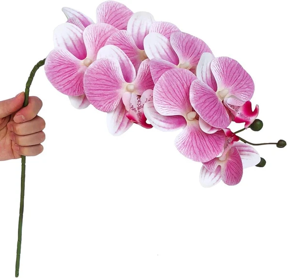 Nettenevime 4lü Set Yapay Çiçek Pembe Açık Islak Orkide ve 2 Adet Orkide Yaprağı Gerçeksi Doku Uzun Dal 90cm - Resim 5