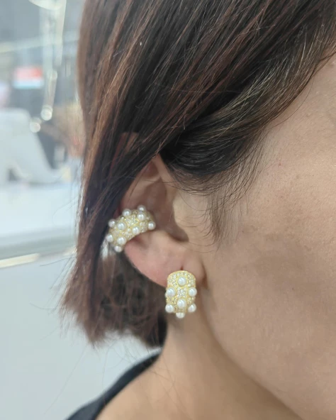 İncili Elegance Kalın Gümüş Halka Küpe - Gold Renk