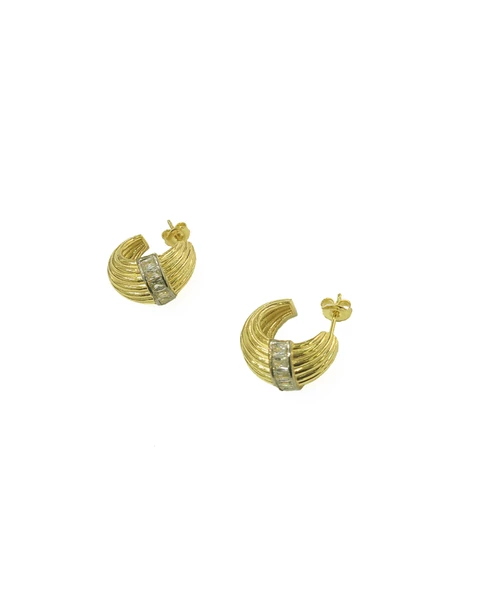 Yarım Ay Desenli Gümüş Küpe, Baget Taşlarla - Gold Renk - 2