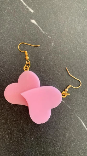 Parlak Pembe Renkli Kalp Şekilli Gold Aksesuarlı Küpe El Yapımı Epoksi Hediyelik - Resim 8