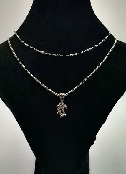 Çift Zİncirli  Gümüş Renk Figürlü Kolye ürün görseli 1